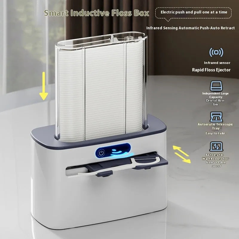 Automatic induction dental floss box in dark grey, gold, or light grey plastic with USB-C charging port.