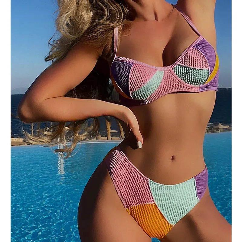 Ladies polyester bikini set with steel bracket push-up top and matching shorts in coordinating colours