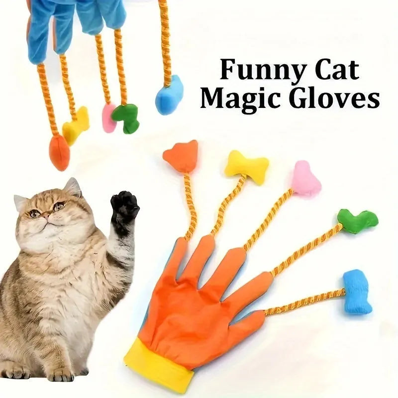 Yellow and blue plush glove cat toy with integrated bell, shown with dimensions 40cm by 11cm