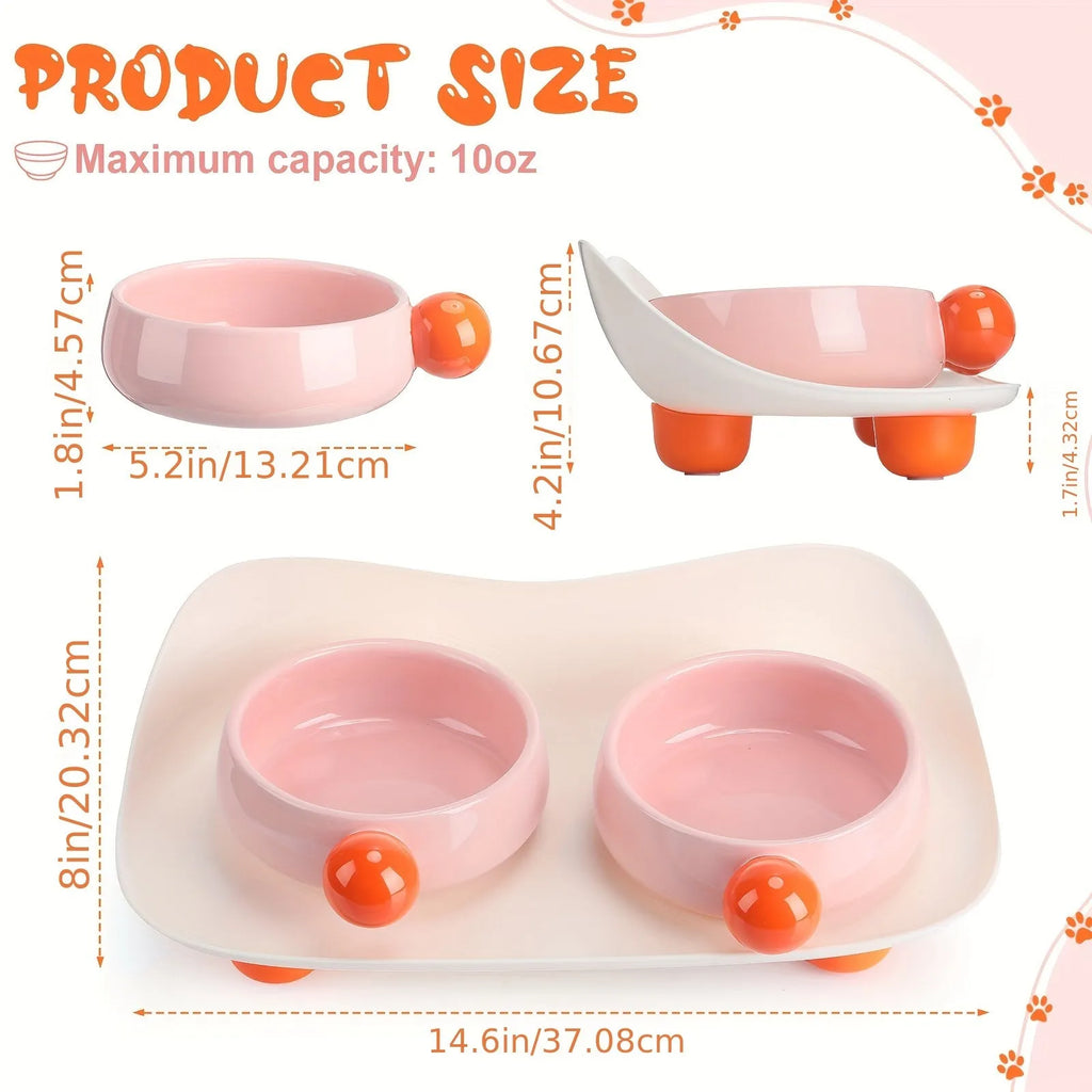 Elevated ceramic double bowl set for cats and small pets with non-slip base in pink, yellow or mixed colours