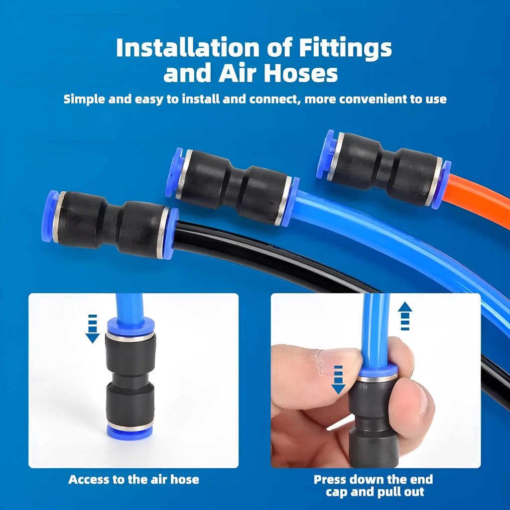 60-piece pneumatic push connector kit showing R1/4 and R1/2 thread fittings