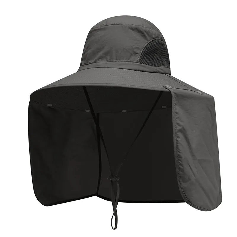 Summer fisherman hat with neck protection in khaki, showing dome crown and nylon fabric outdoors