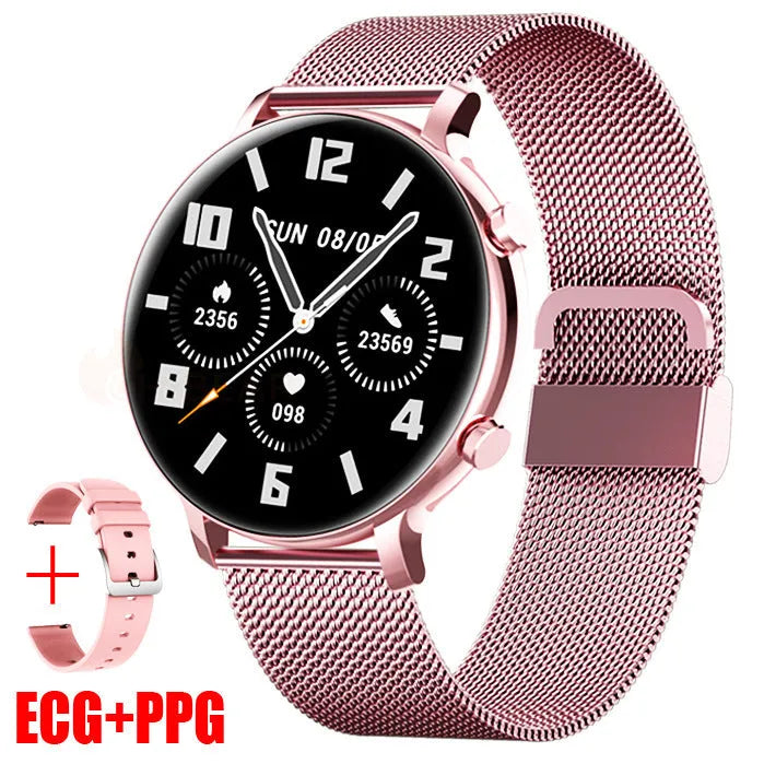 Bluetooth call smartwatch with stainless steel strap showing heart rate monitoring display