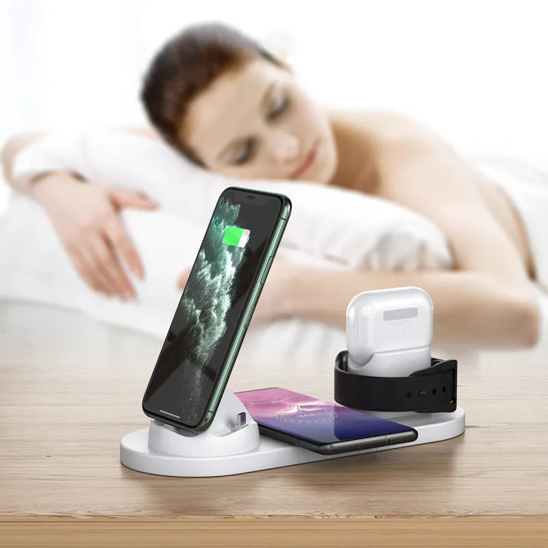 Black and white 6-in-1 wireless charging station for mobile phones, AirPods, and iWatch with USB cable