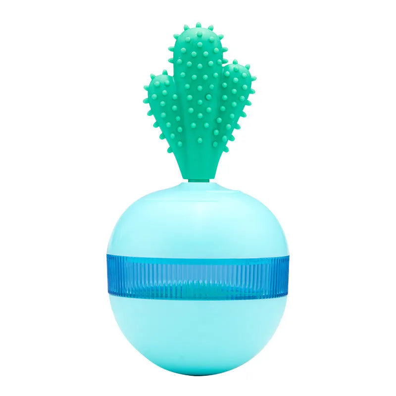 Blue and green durable rubber treat dispensing dog toy with tumbler ball design