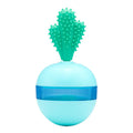 Blue and green durable rubber treat dispensing dog toy with tumbler ball design