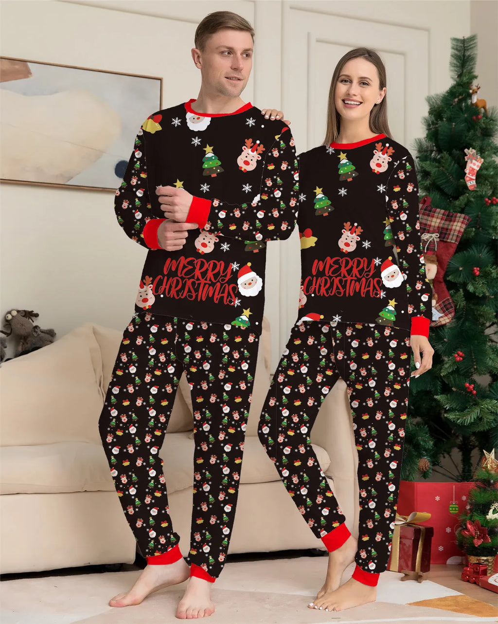 Family Christmas matching cotton pajamas set showing Dad, Mum, child, baby, and dog in coordinated festive sleepwear