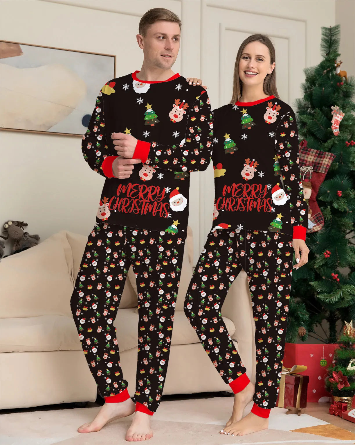Family Christmas matching cotton pajamas set showing Dad, Mum, child, baby, and dog in coordinated festive sleepwear