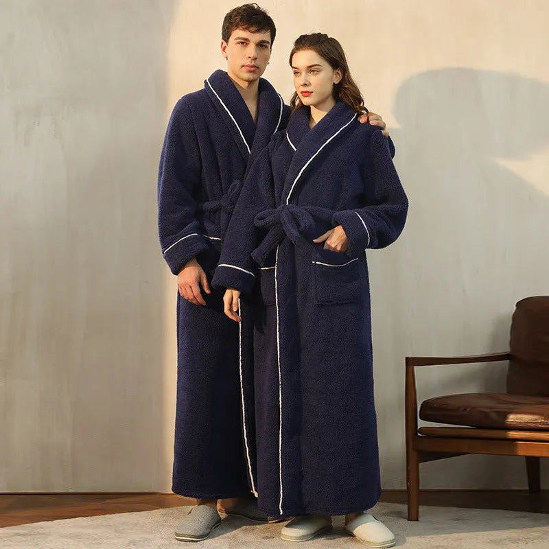 A super thick flannel couple's bathrobe for winter, shown in a colour option like navy blue or emerald green.