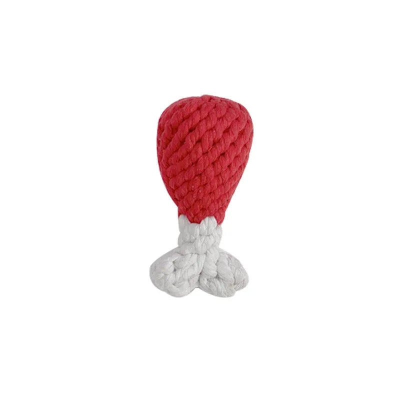Red and white cotton rope dog chew toy in bone and heart shapes, 15cm, for puppy teething