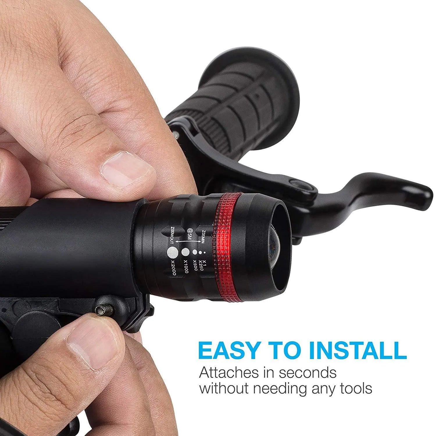Bicycle headlight and taillight set with metal mounting bracket on a black background.