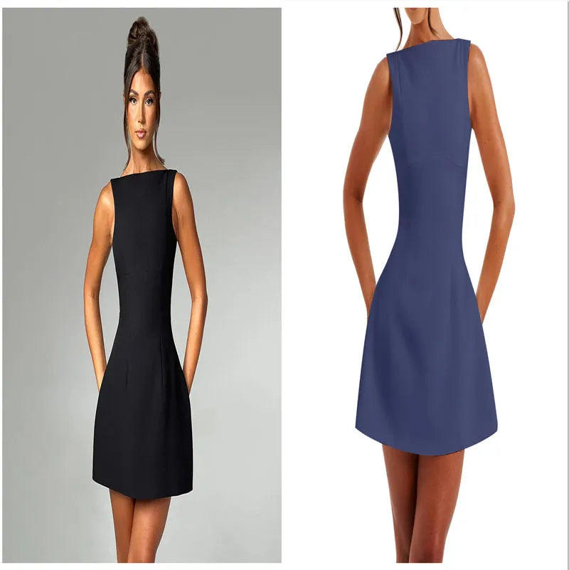 Backless sleeveless short summer dress in slim-fitting polyester fabric.