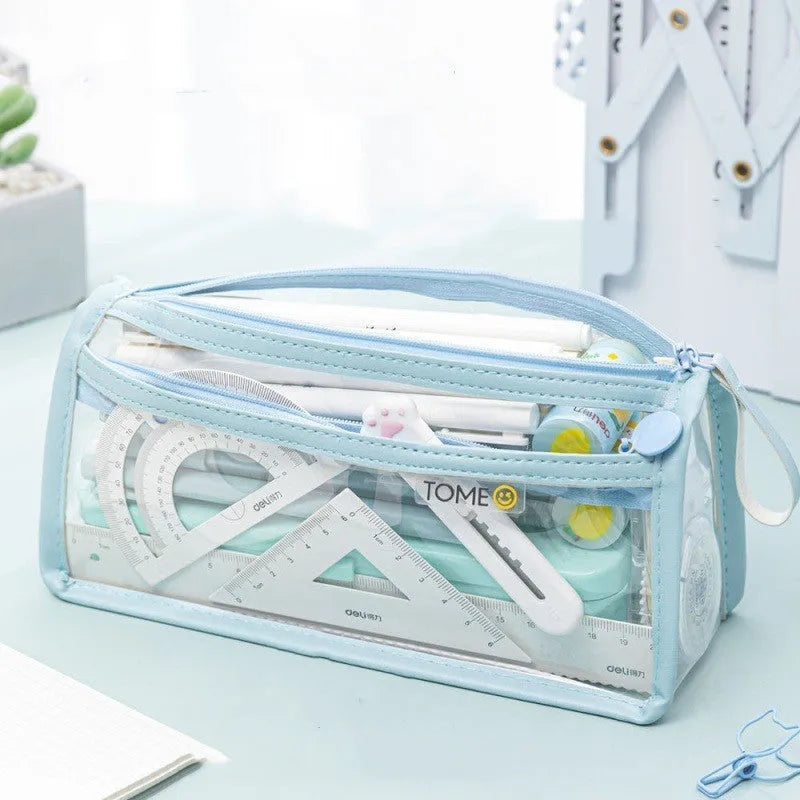 Transparent double-layer pencil case showing clear PVC construction with separate compartments