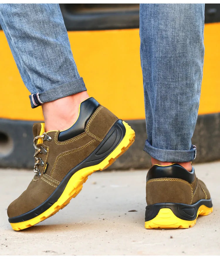 Bronze cow suede leather steel toe safety boots with anti-skid sole for workplace protection