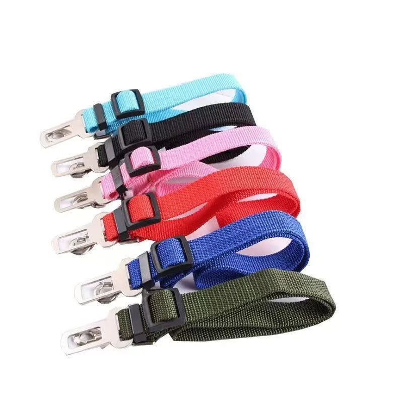 Black dog car seat belt with metal clip and adjustable polyester webbing on car seat