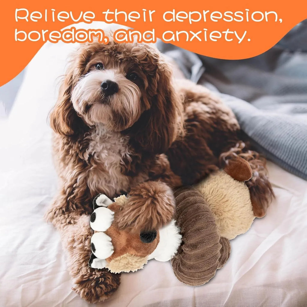 Brown squeaky plush dog toy with crinkle material measuring approximately 23cm in length