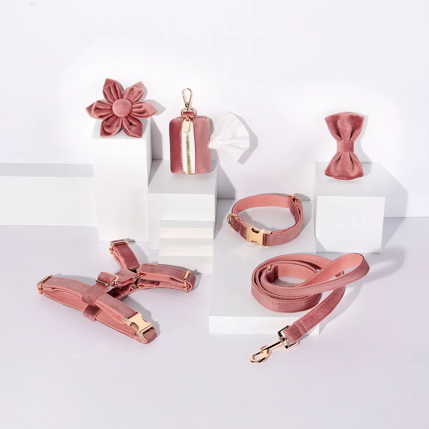 Classic velvet soft pet collar and traction rope set in red fleece with bow tie and flower accessory