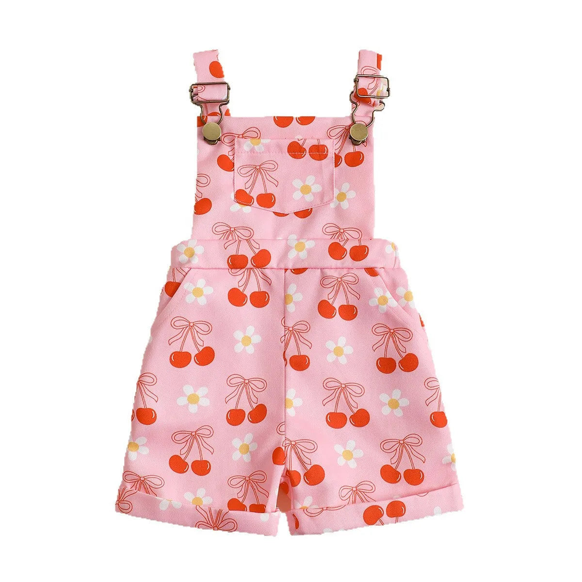Baby flower cherry print cotton suspender pants in bright pink for toddlers fifth length