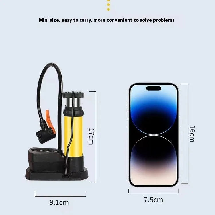 Foot tire pump with iron body and high pressure ball needle for motorcycle bicycle automobile use, 170mm length