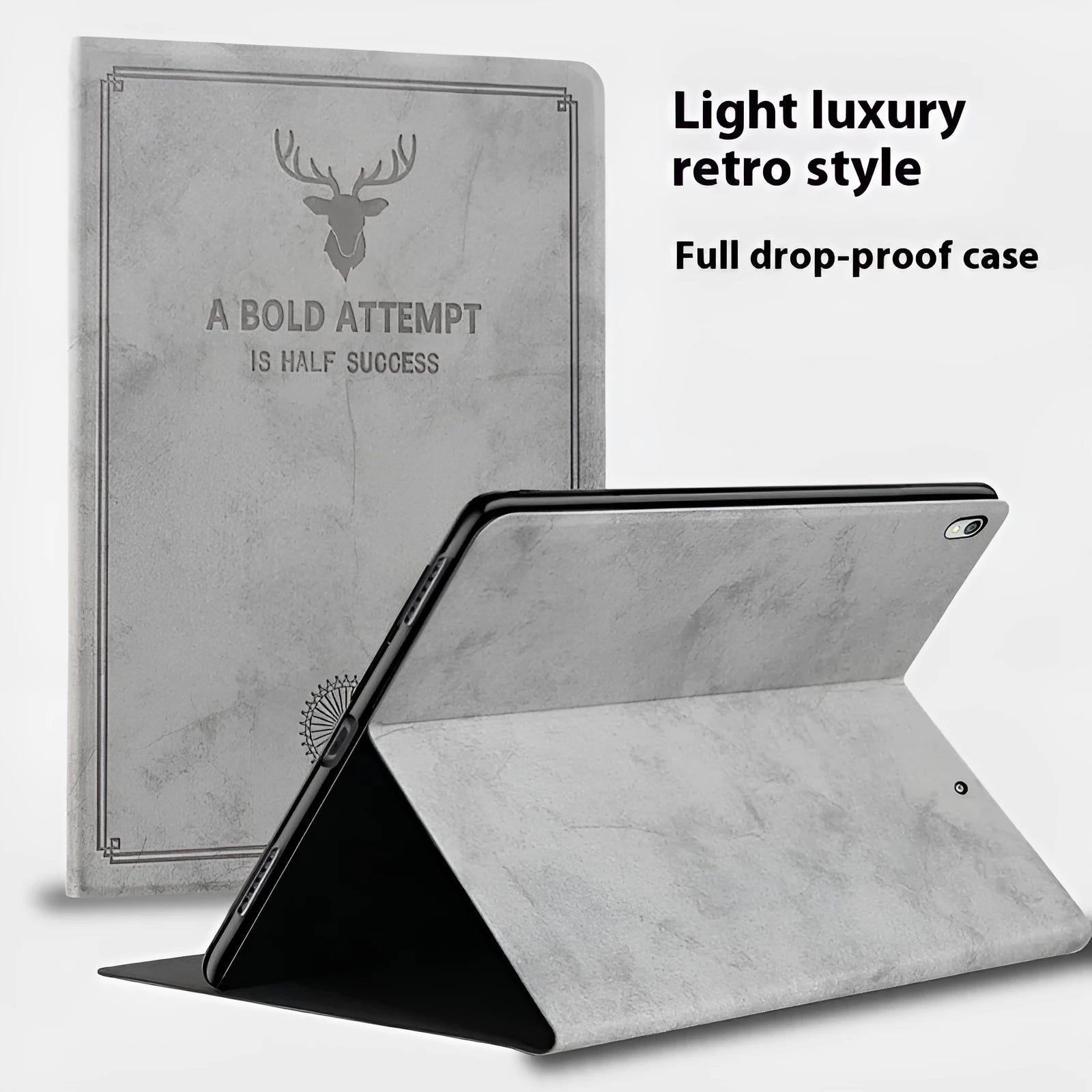 Protective clamshell case with deer pattern in TPU leather for Apple iPad in black brown grey and blue
