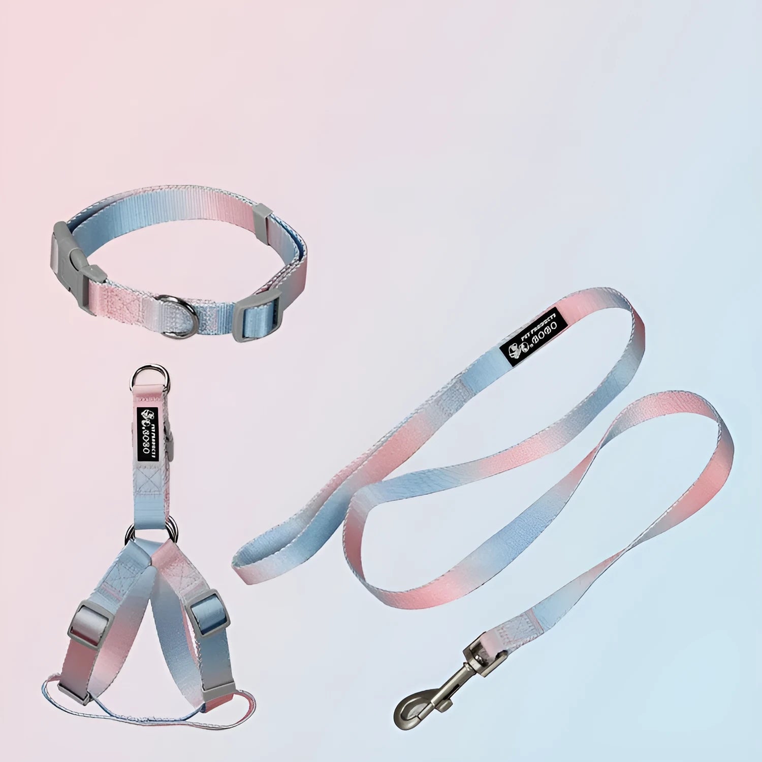 Nylon dog leash set showing gradient colour patterns in pink and yellow combination with adjustable sizing