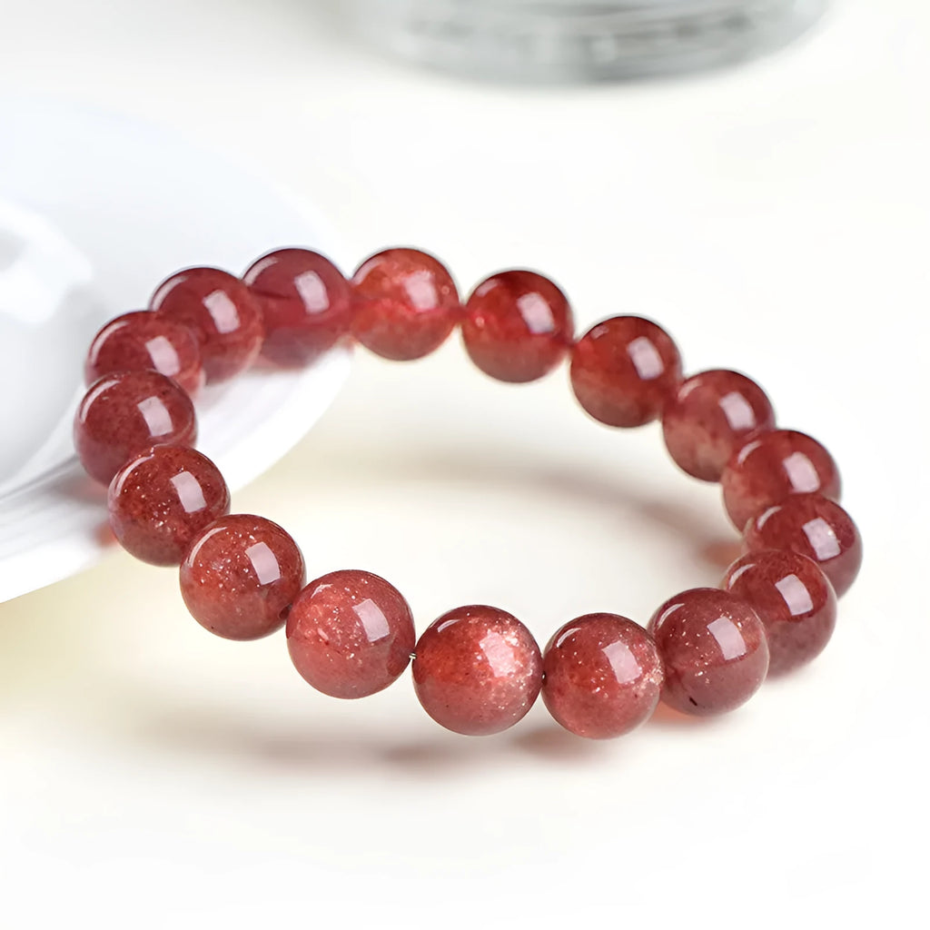 Natural starlight cherry red strawberry quartz bracelet with geometric crystal beads in multiple diameter options
