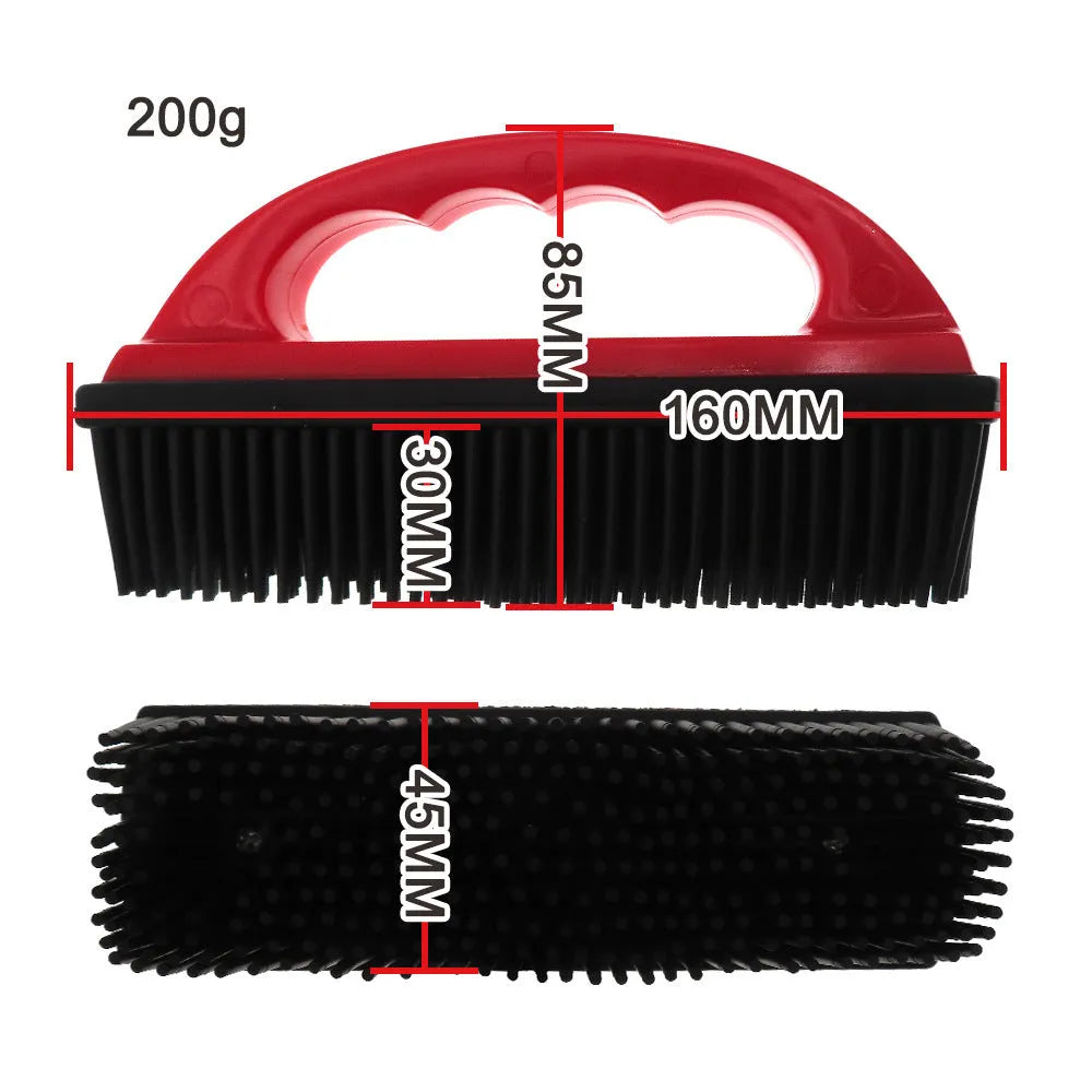 Red pet hair removal brush with 160mm by 85mm head for bath massage and carpet cleaning
