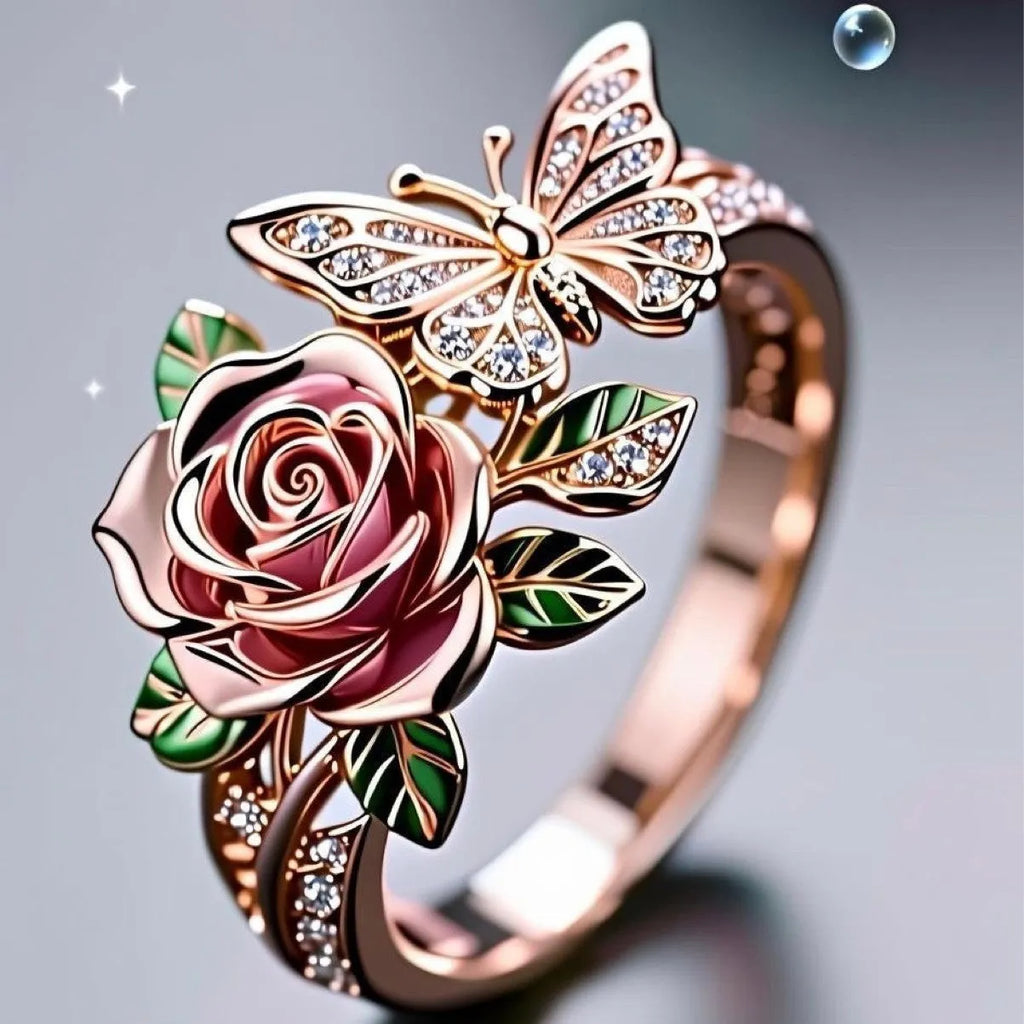 Adjustable butterfly personality ring with oil-drip colour effect showing flower and insect details