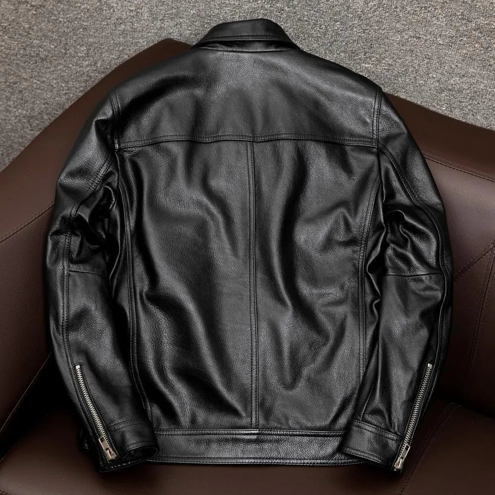 Men's black lapel collar leather jacket showing side seam pockets and loose plus size fit