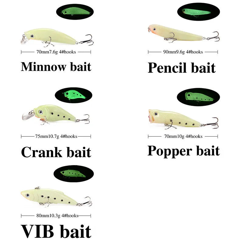 Set of five fluorescent 3D hard fishing bait lures with luminous design for predator fish.