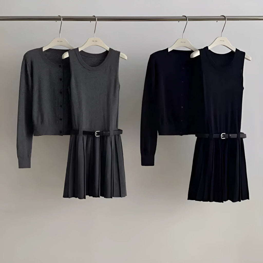 Grey women's art retro knit two-piece set featuring a pleated vest skirt with belt and a long-sleeved cardigan.
