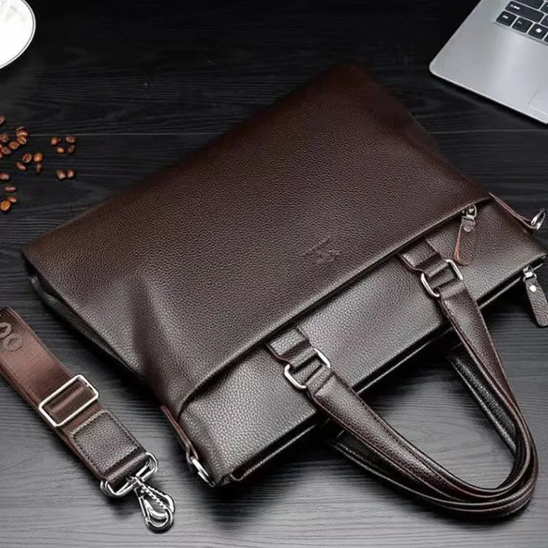 Men's black and brown PU leather messenger bag with shoulder strap measuring 35x30x4cm