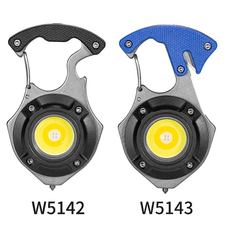 Portable keychain torch with window-breaking hammer, screwdriver, and smart display showing lighting modes