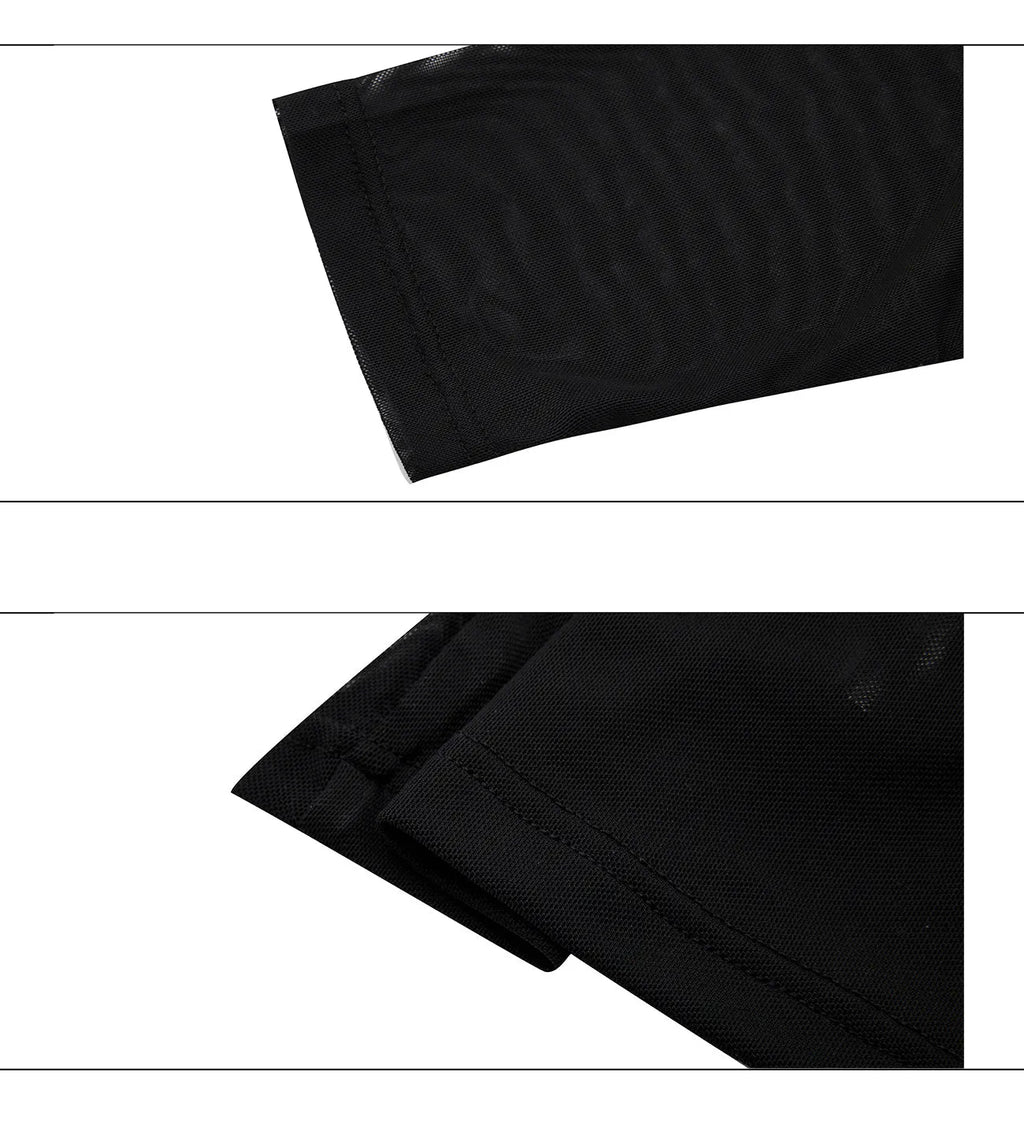 Men's black mesh bottoming shirt with slim fit design and long sleeves showing cooling fabric construction