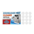 Pack of 12 white dishwasher cleaning tablets on a blue background.