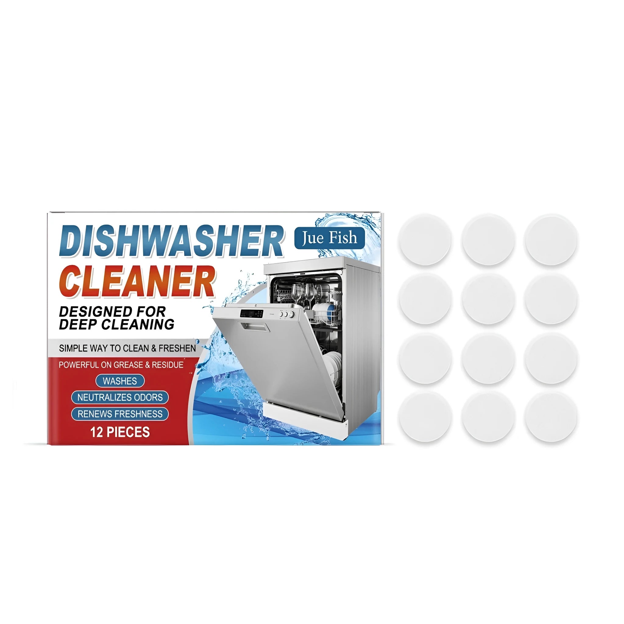 Pack of 12 white dishwasher cleaning tablets on a blue background.
