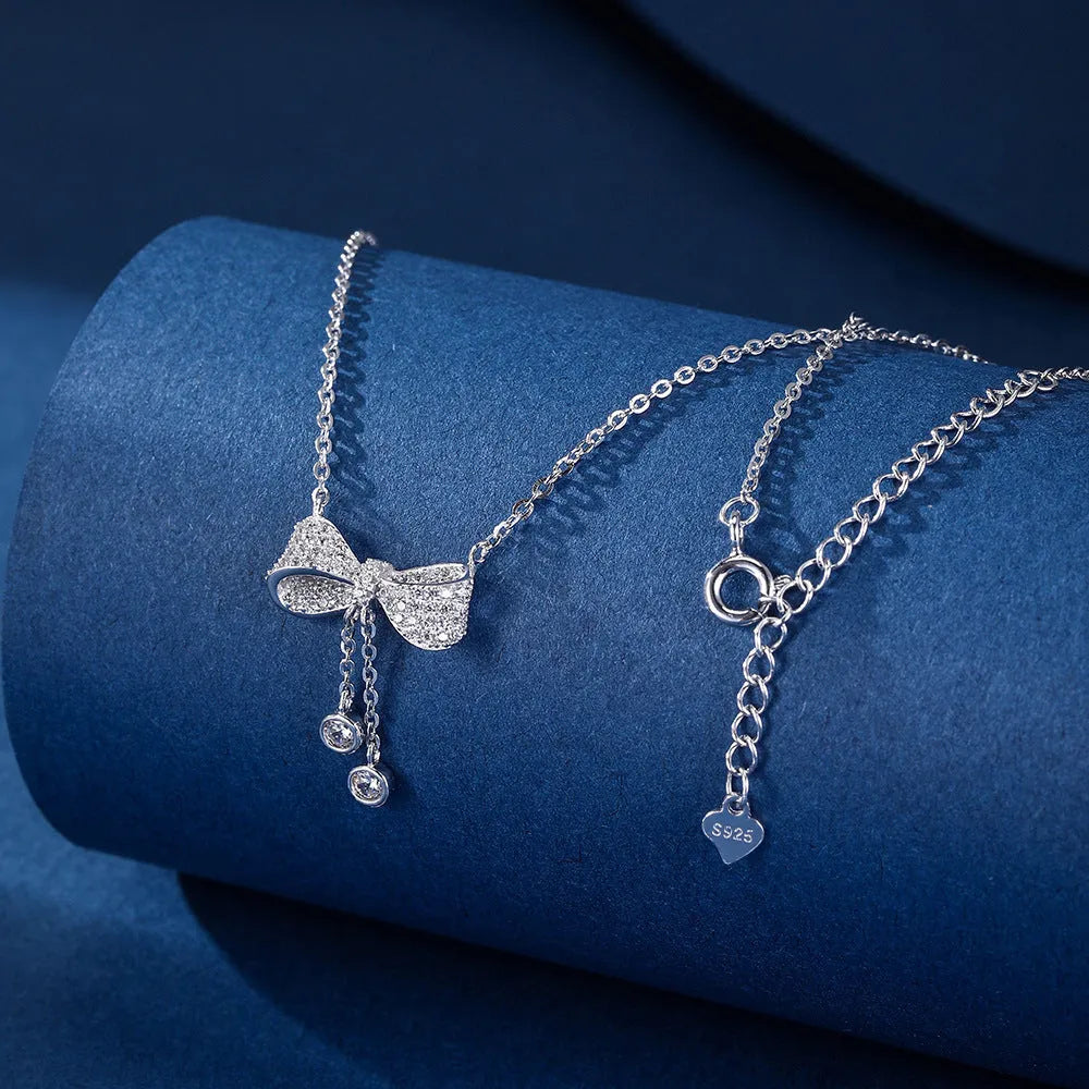 S925 sterling silver bow pendant necklace on O-ring chain, 40-45cm adjustable length