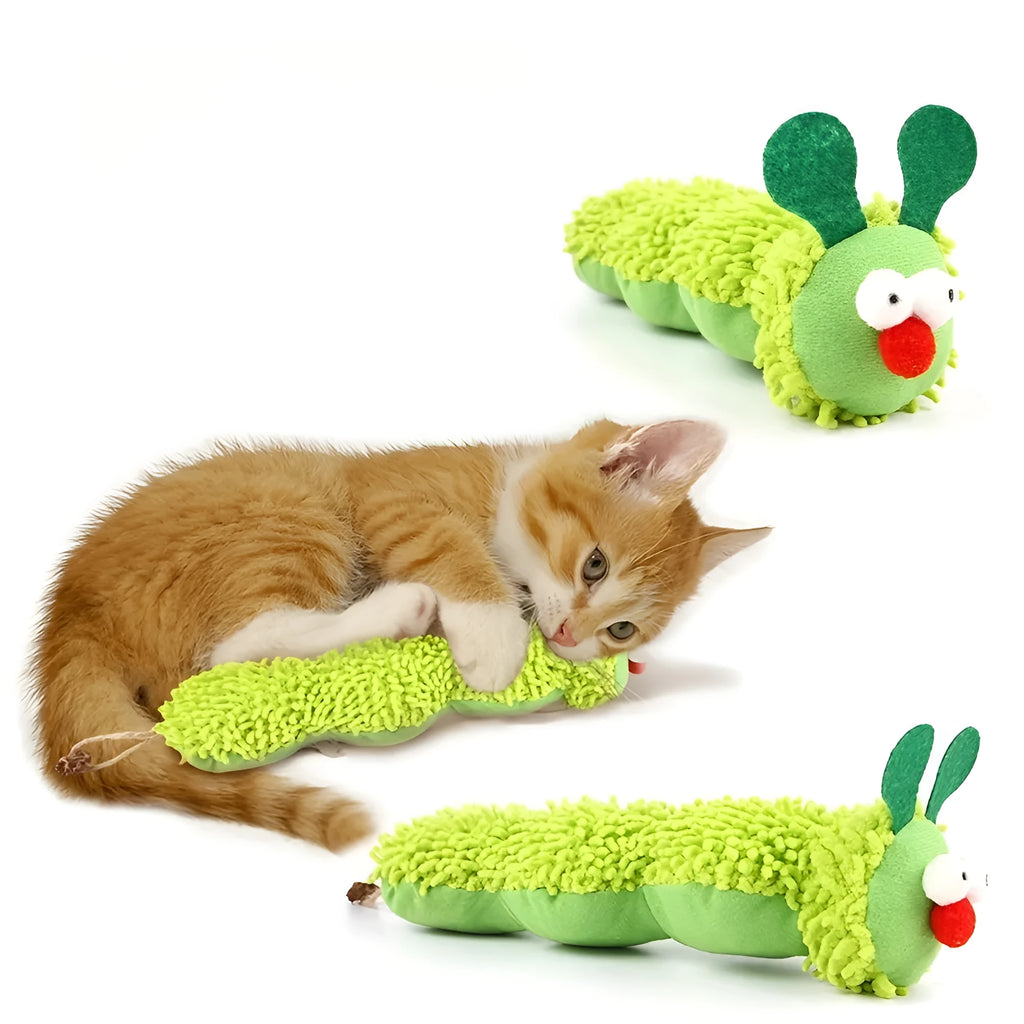 Green interactive plush cat toy pillow measuring 24cm long with sports design