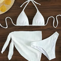 White lace-up split three-piece bikini swimsuit set for women in spandex