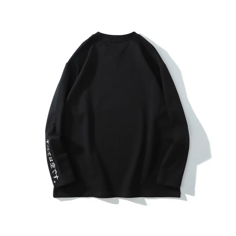 Anime street collar hoodie long sleeve round neck pullover black white hip hop streetwear