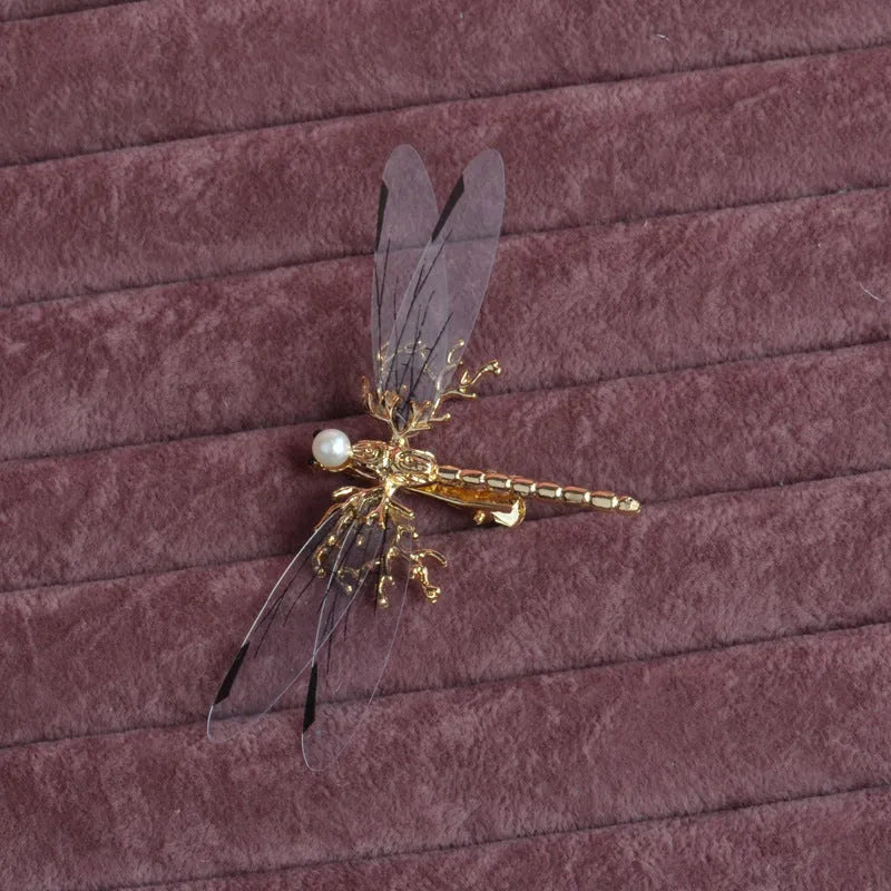 Golden dragonfly side clip headdress with electroplated alloy construction