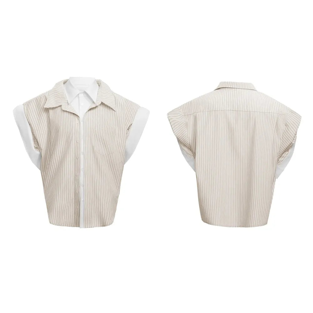 College blue striped fake two piece short sleeve cardigan with lapel collar in 100% cotton