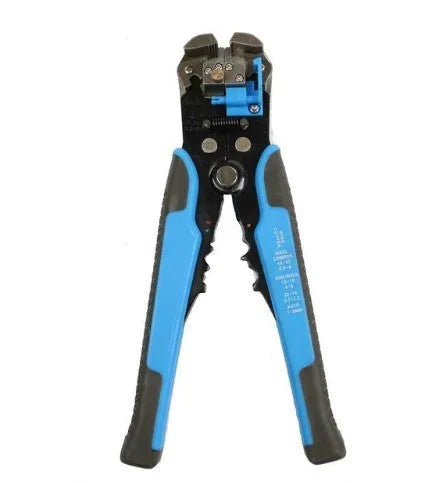 Yellow automatic wire stripper and crimping multitool with adjustment screw for electrical work