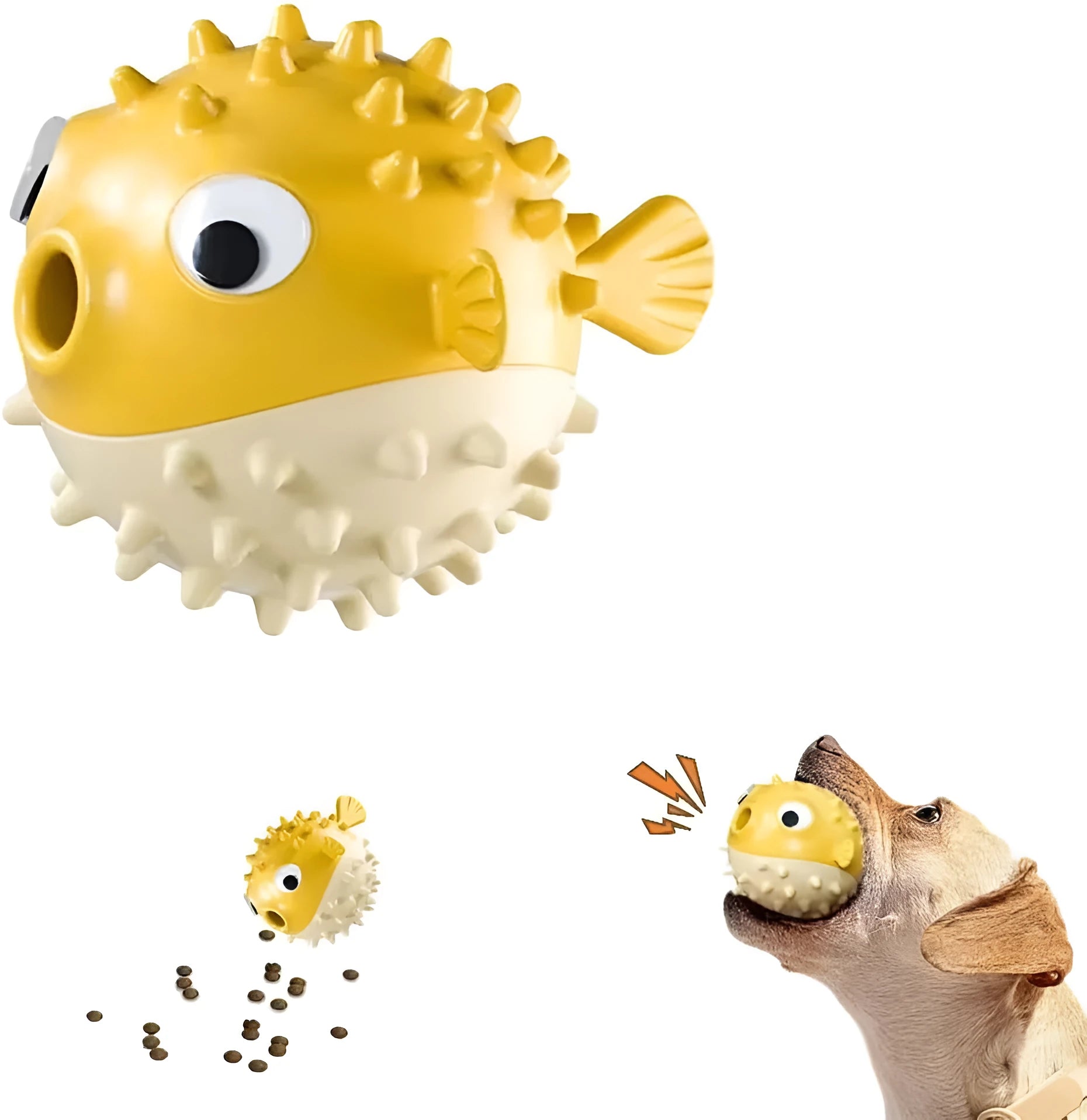 Green fish-shaped dog toy with textured surface for teeth cleaning and treat dispensing