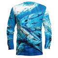 Men's grey round neck pullover with a detailed multi-coloured fish print on the front.