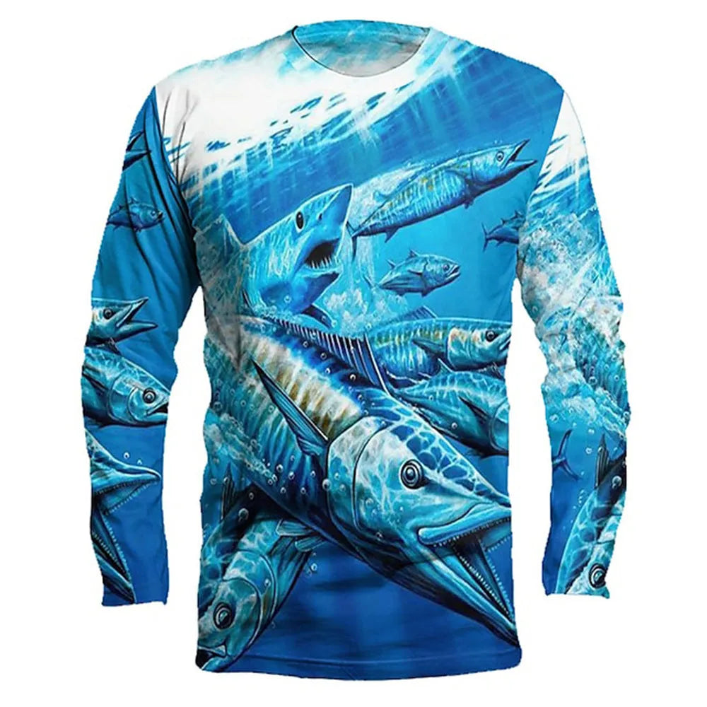 Men's grey round neck pullover with a detailed multi-coloured fish print on the front.