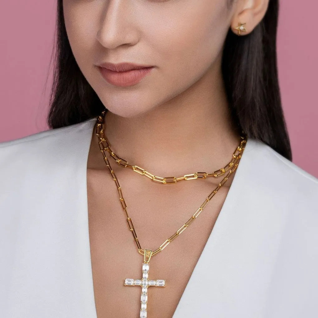 925 silver twin moissanite geometric pendant necklace on adjustable cross chain for women