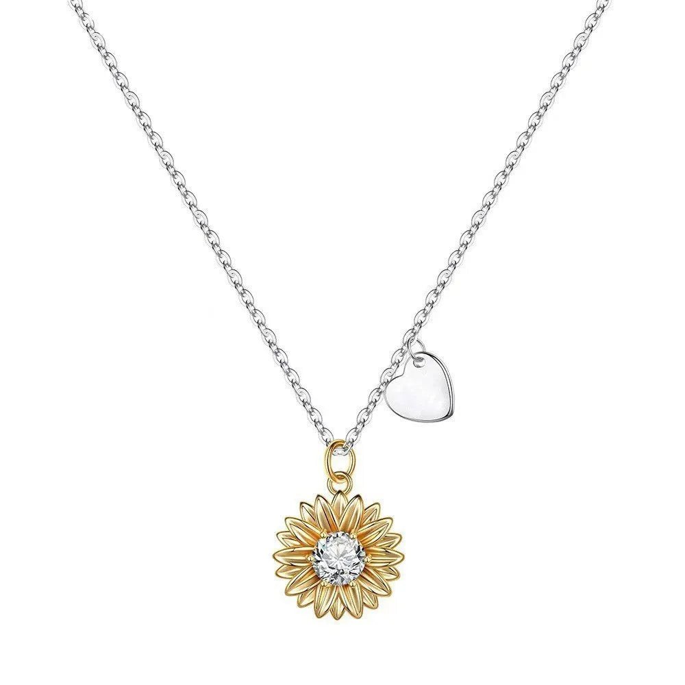 925 silver sunflower necklace with geometric daisy pendant on an adjustable cross chain