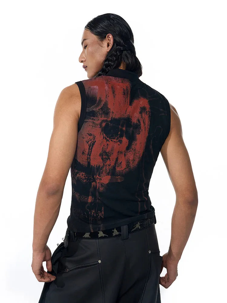 Half turtleneck slim-fit sleeveless T-shirt with printed character pattern in black cotton fabric