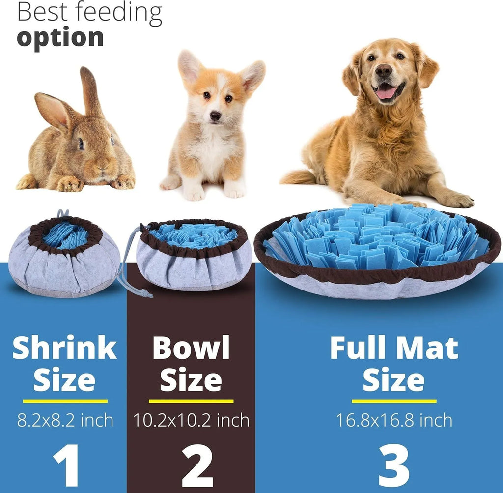 Blue adjustable dog snuffle mat spread out showing foraging folds for slow feeding